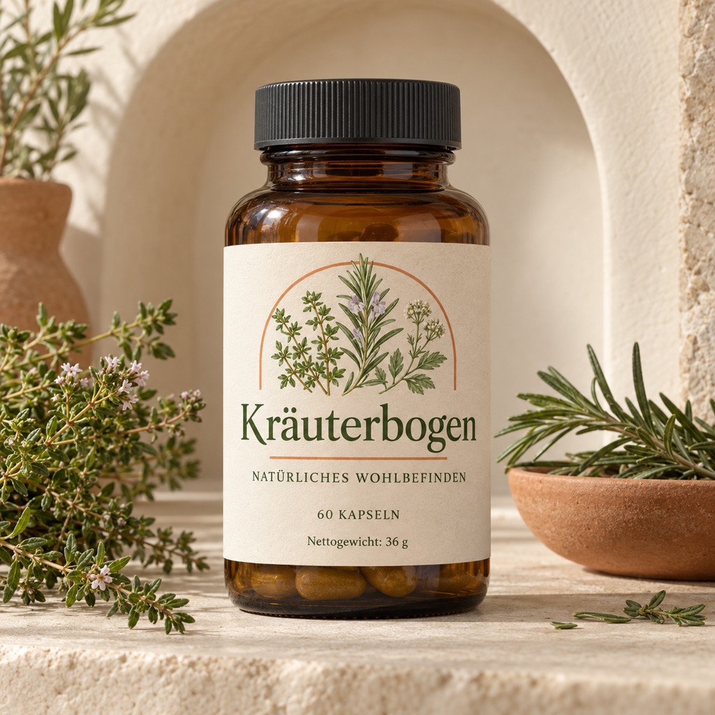 Kräuterbogen in einer Produktaufnahme mit lesbarem Etikett